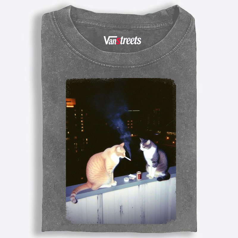 Smoking Cat Retro Washed T-Shirt | 100% Cotton | Streetwear Essential