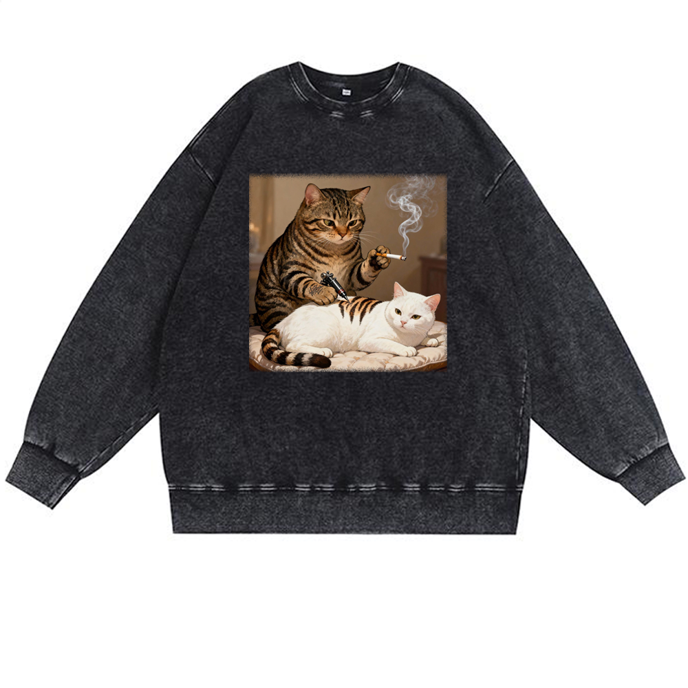 Cat Tattoo Artist Retro Premium Washed Cotton Crewneck Sweatshirt