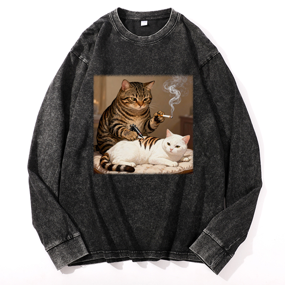 Cat Tattoo Artist Retro Washed Long Sleeve T-Shirt