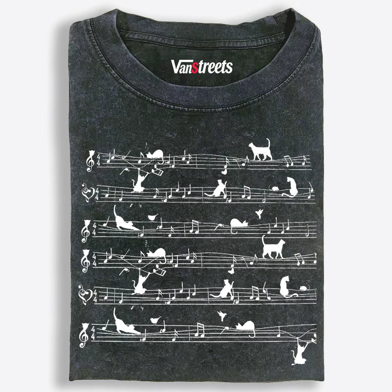 Cat Music Sheet Retro Washed T-Shirt | 100% Cotton | Streetwear Essential