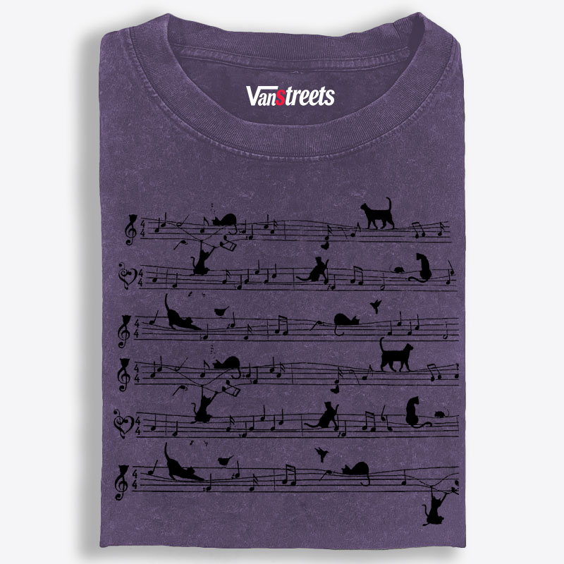 Cat Music Sheet Retro Washed T-Shirt | 100% Cotton | Streetwear Essential