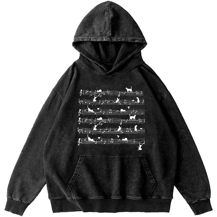 Cat Music Sheet Retro Washed Hoodie
