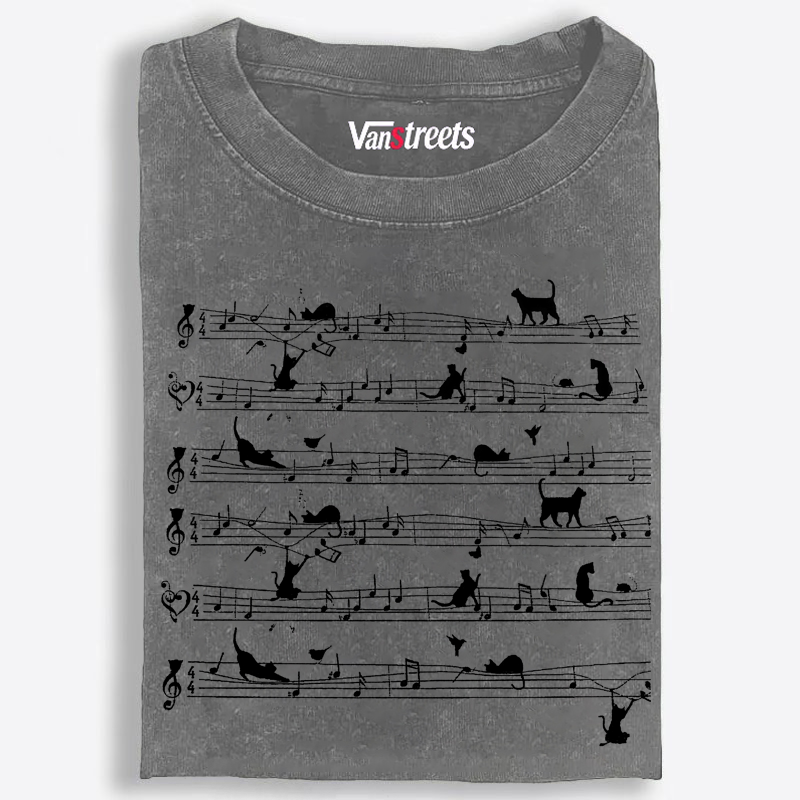 Cat Music Sheet Retro Washed T-Shirt | 100% Cotton | Streetwear Essential