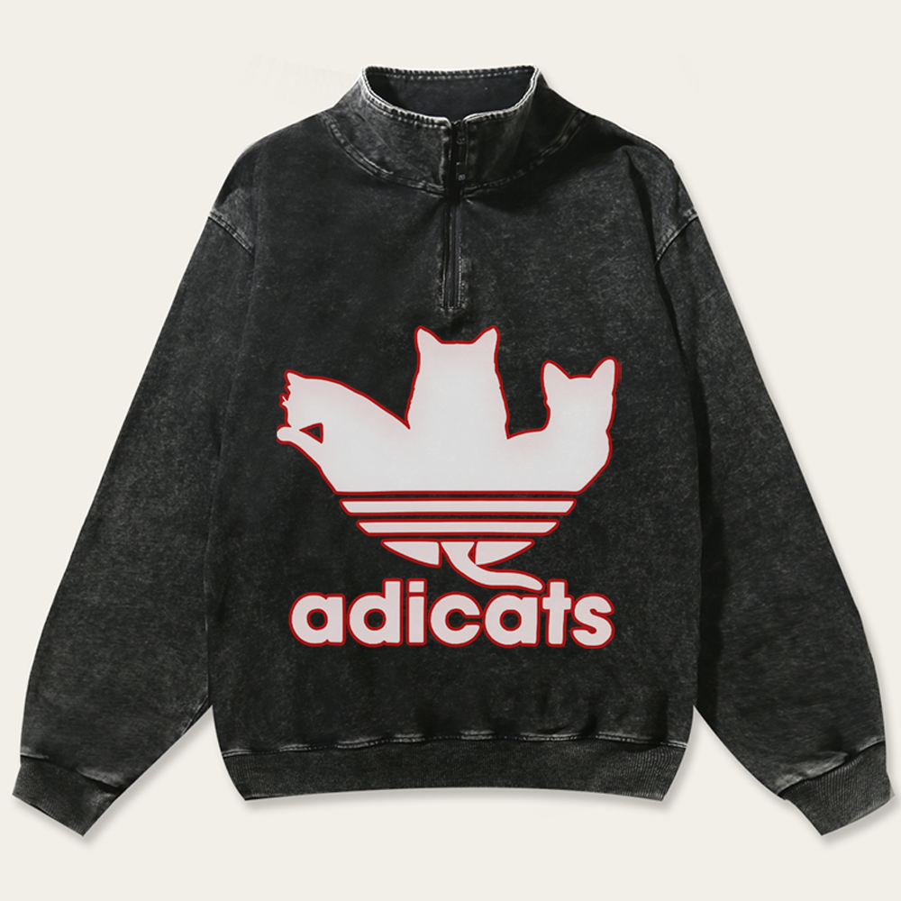 Adicats Three Cats Parody Retro Washed Zip-Up Mock Neck Sweatshirt
