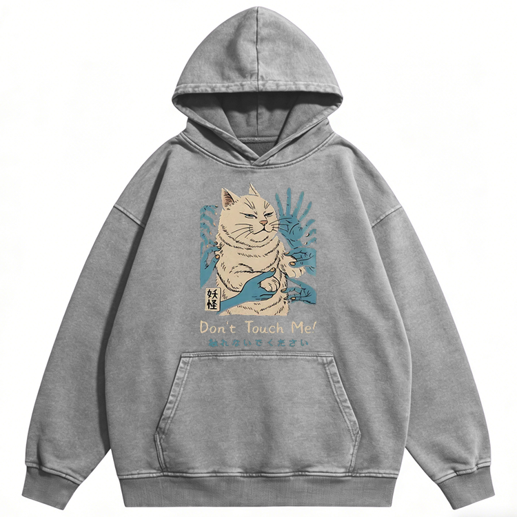Yokai Cat Don't Touch Me Japanese Retro Washed Hoodide | 100% Cotton | Streetwear Essential