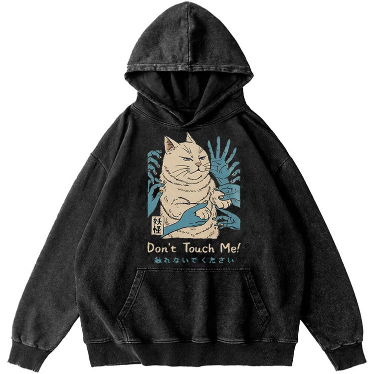 Yokai Cat Don't Touch Me Japanese Retro Washed Hoodide | 100% Cotton | Streetwear Essential