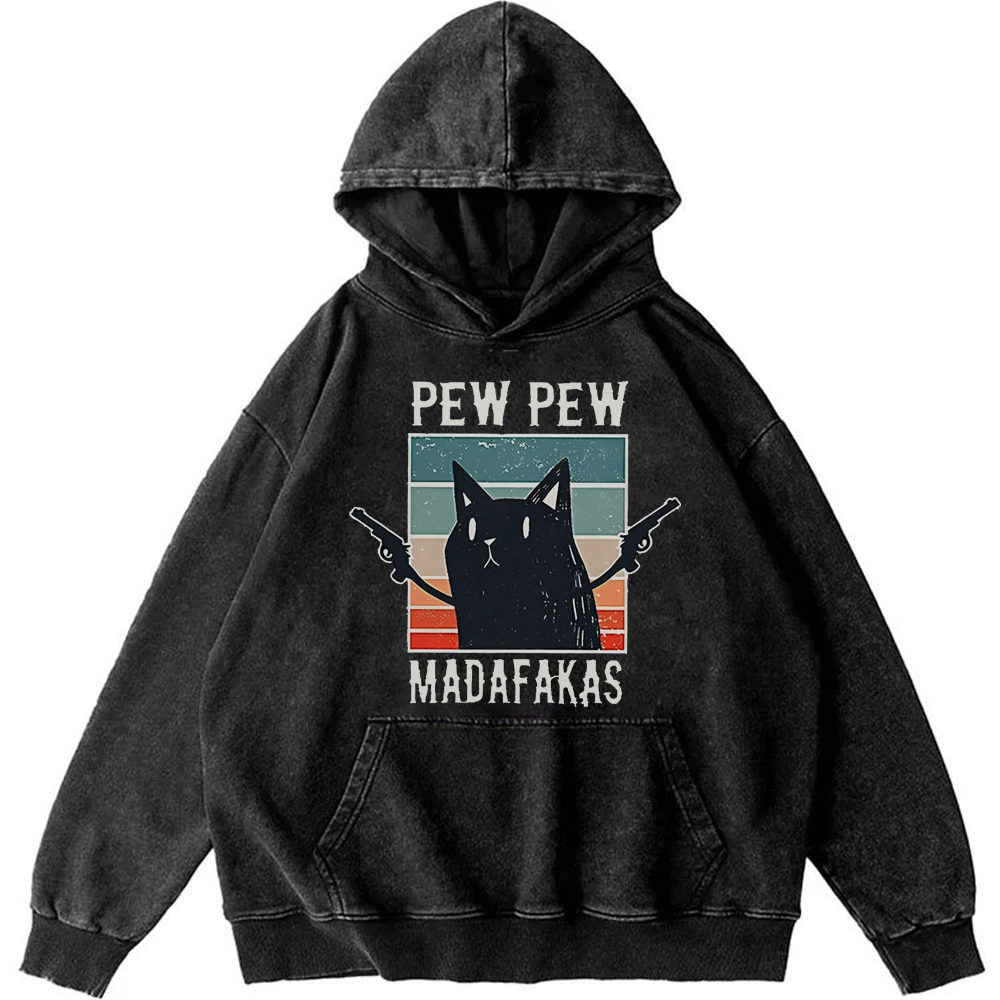 "Pew Pew Madafakas" Black Cat Retro Washed Hoodide