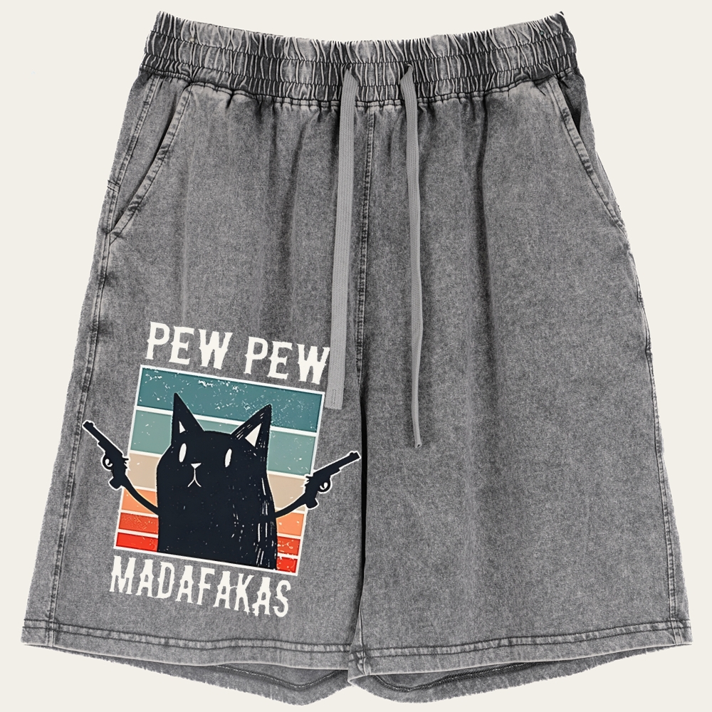 "Pew Pew Madafakas" Black Cat Retro Washed Shorts