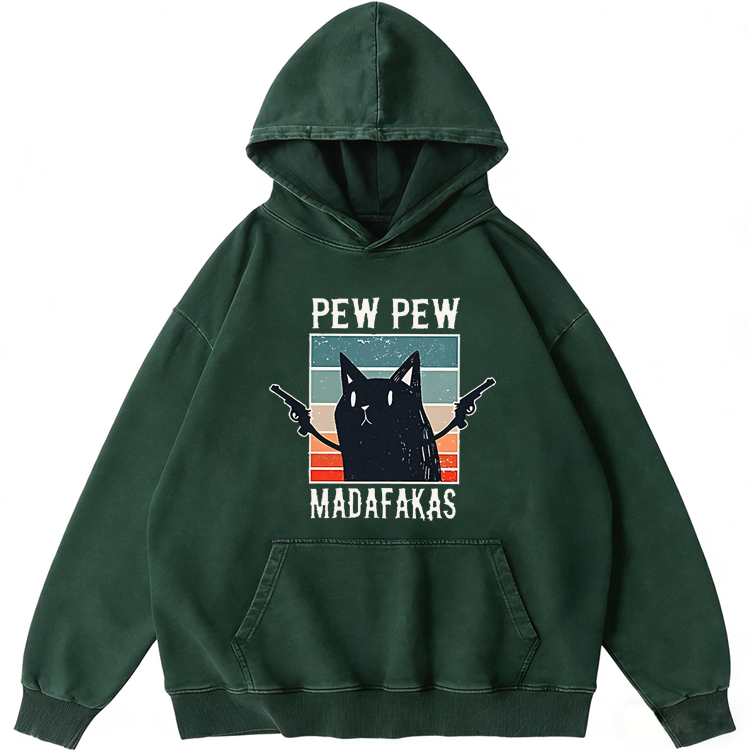 Pew Pew Madafakas Double Gun Cat Retro Washed Hoodide | 100% Cotton | Streetwear Essential