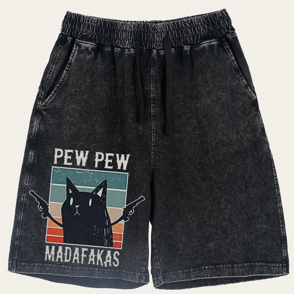 "Pew Pew Madafakas" Black Cat Retro Washed Shorts