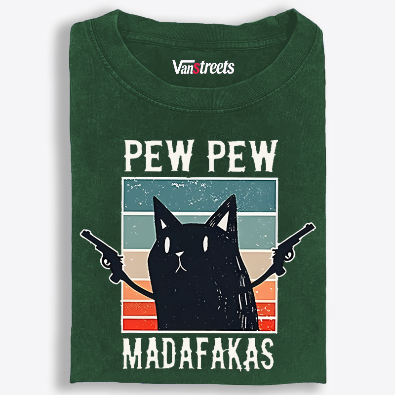 "Pew Pew Madafakas" Black Cat Retro Washed T-Shirt | 100% Cotton | Streetwear Essential