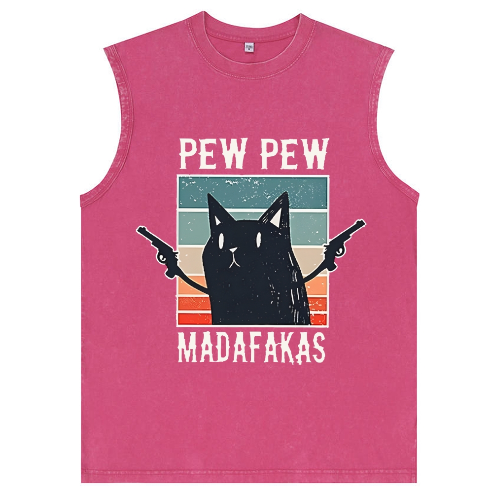 "Pew Pew Madafakas" Black Cat Retro Washed Tank Top