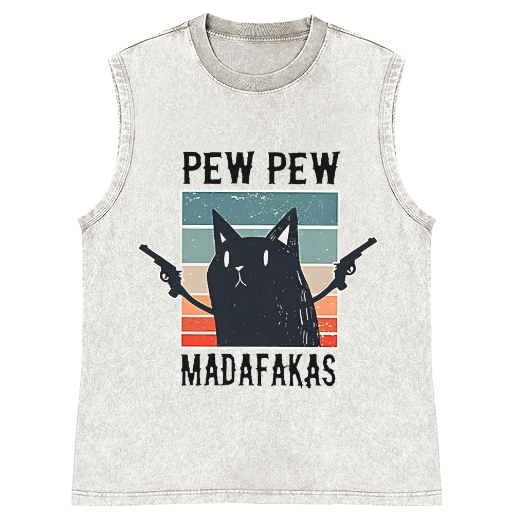 "Pew Pew Madafakas" Black Cat Retro Washed Tank Top