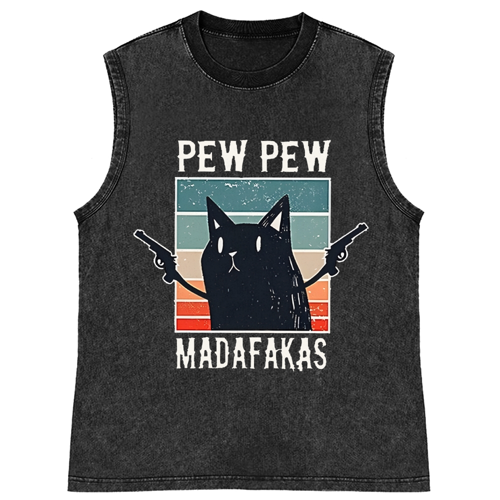 "Pew Pew Madafakas" Black Cat Retro Washed Tank Top