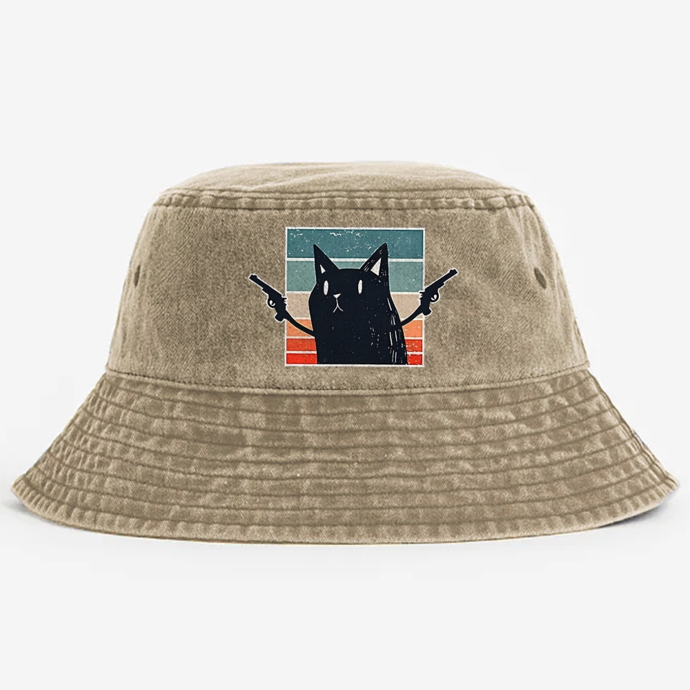 "Pew Pew Madafakas" Black Cat Retro Vintage Washed Bucket Hat