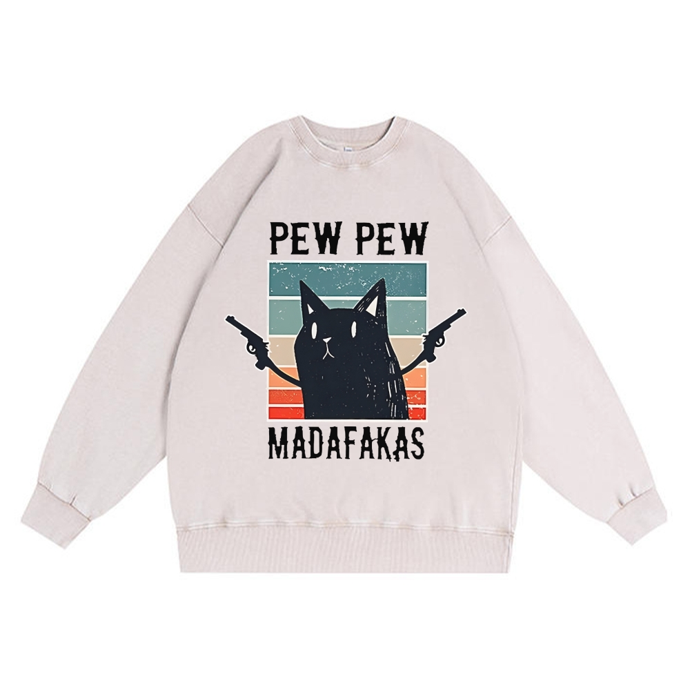 "Pew Pew Madafakas" Black Cat Retro Premium Washed Cotton Crewneck Sweatshirt