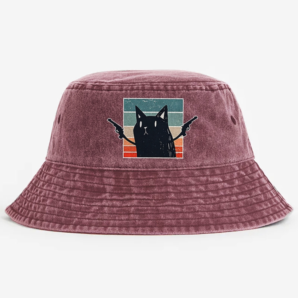 "Pew Pew Madafakas" Black Cat Retro Vintage Washed Bucket Hat