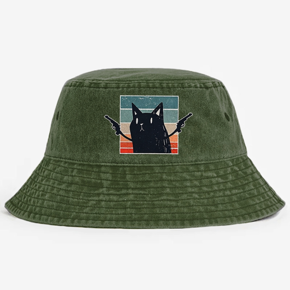"Pew Pew Madafakas" Black Cat Retro Vintage Washed Bucket Hat