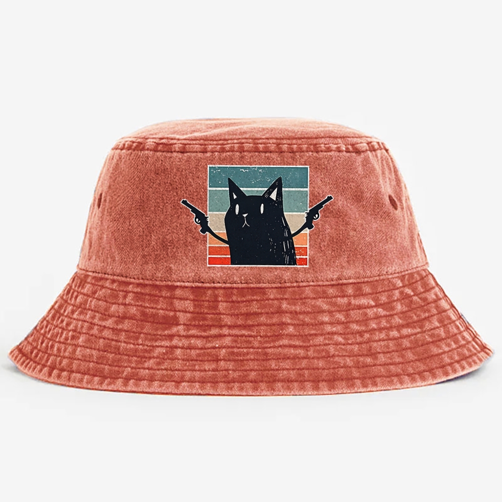 "Pew Pew Madafakas" Black Cat Retro Vintage Washed Bucket Hat
