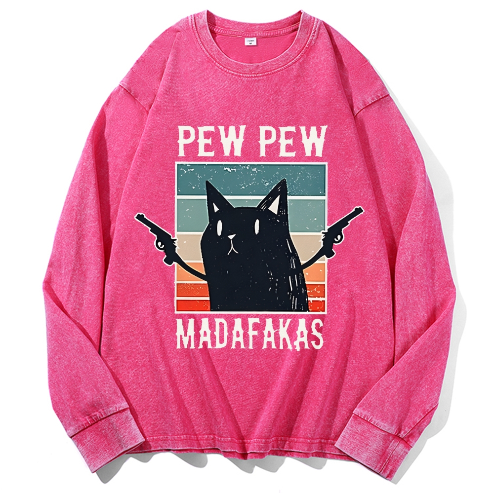 "Pew Pew Madafakas" Black Cat Retro Washed Long Sleeve T-Shirt