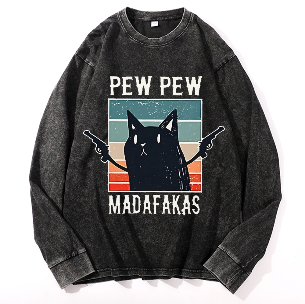 "Pew Pew Madafakas" Black Cat Retro Washed Long Sleeve T-Shirt