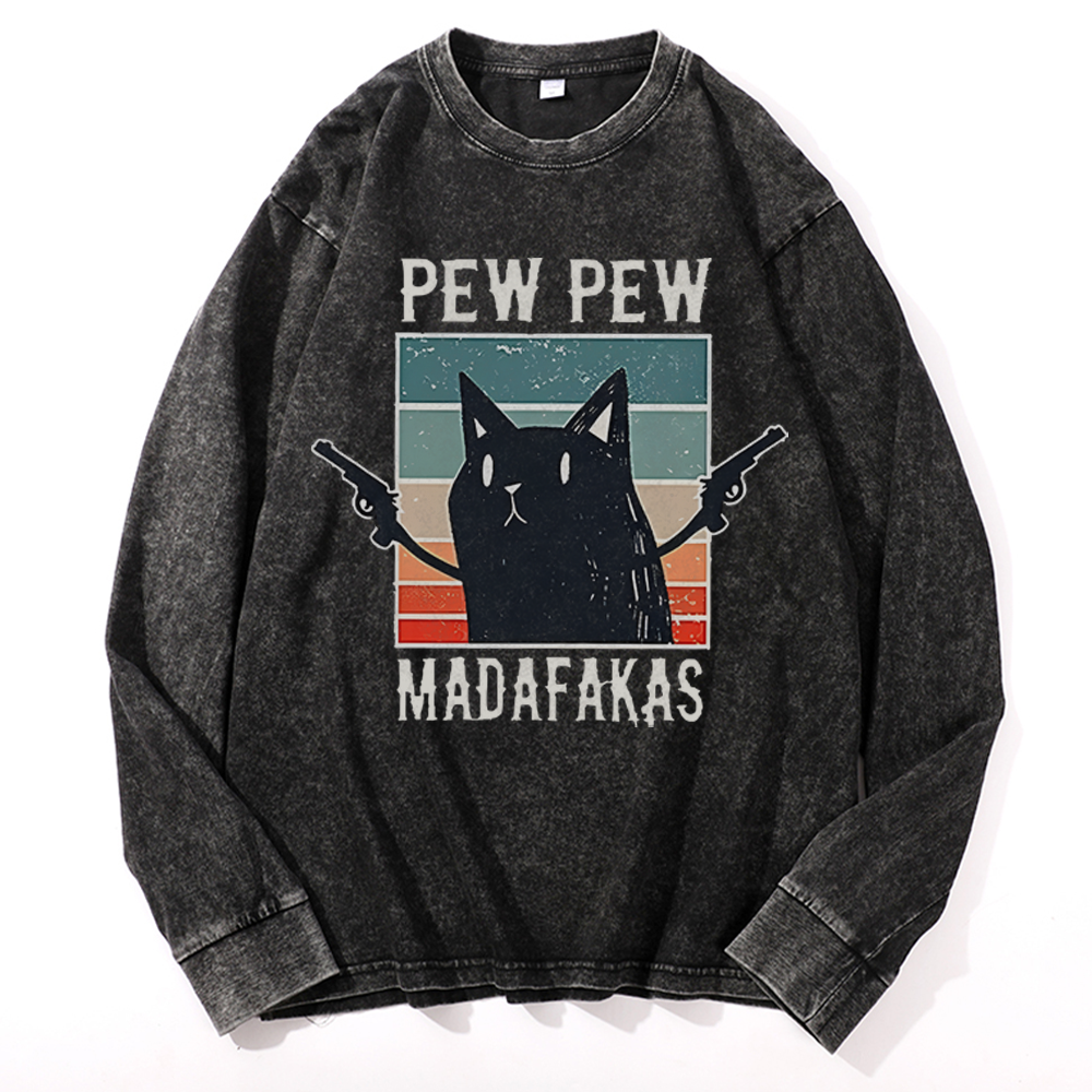 "Pew Pew Madafakas" Black Cat Retro Washed Long Sleeve T-Shirt