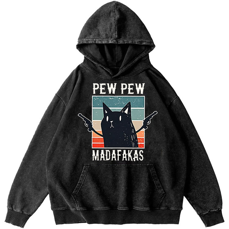 Pew Pew Madafakas Double Gun Cat Retro Washed Hoodide | 100% Cotton | Streetwear Essential