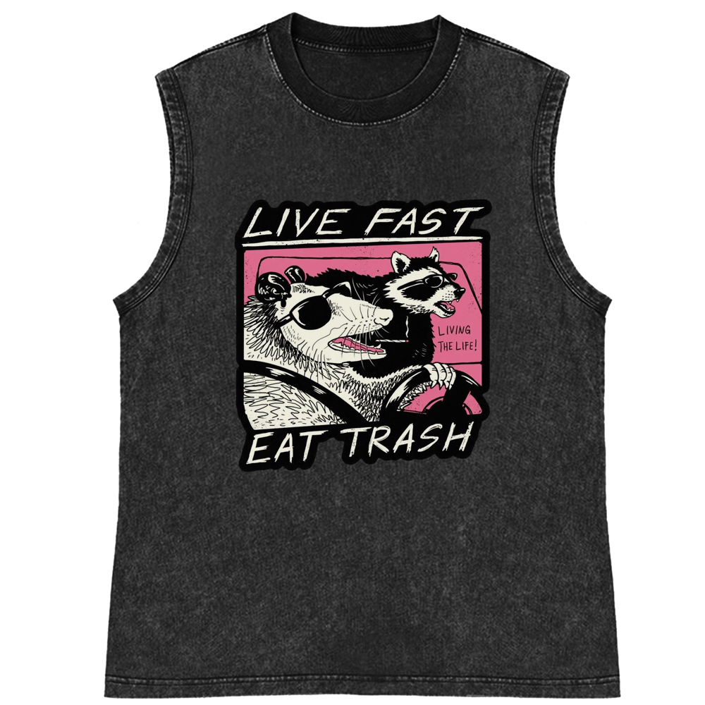 "Live Fast Eat Trash" Opossum & Raccoon Retro Washed Tank Top