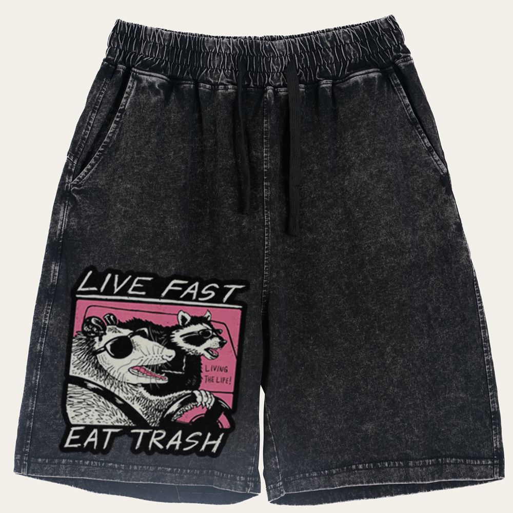 "Live Fast Eat Trash" Opossum & Raccoon Retro Washed Shorts