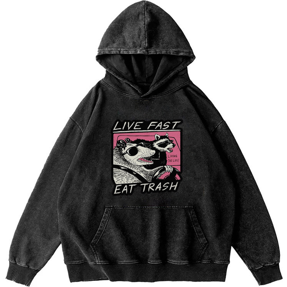 "Live Fast Eat Trash" Opossum & Raccoon Retro Washed Hoodie