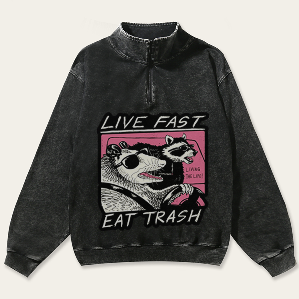 "Live Fast Eat Trash" Opossum & Raccoon Retro Washed Zip-Up Mock Neck Sweatshirt