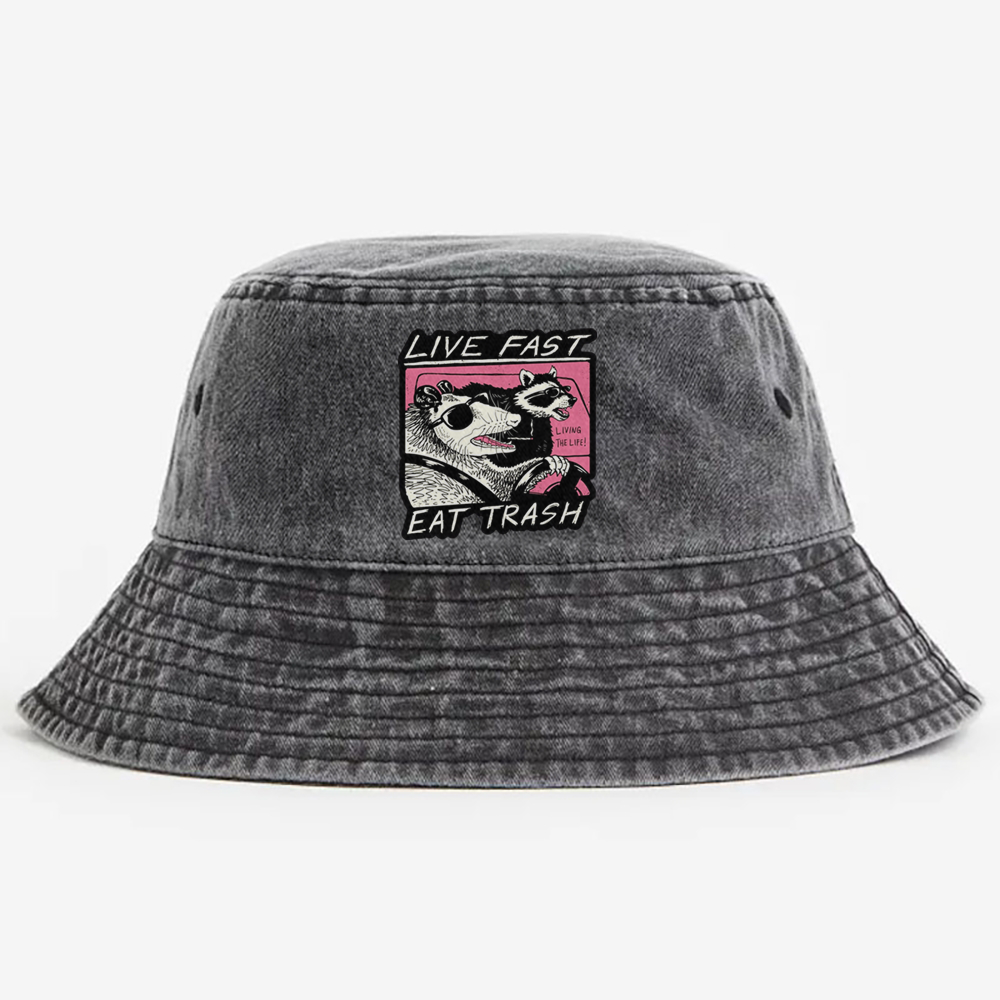 "Live Fast Eat Trash" Opossum & Raccoon Retro Vintage Washed Bucket Hat