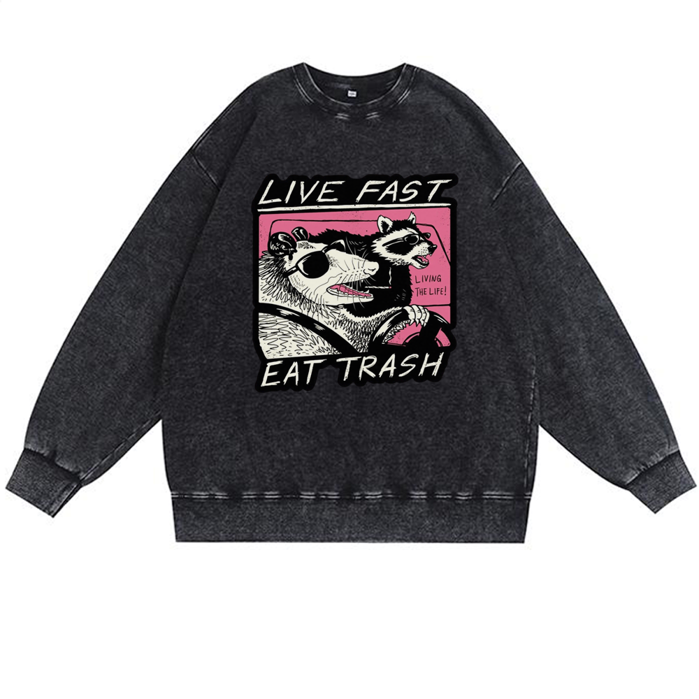 "Live Fast Eat Trash" Opossum & Raccoon Retro Premium Washed Cotton Crewneck Sweatshirt