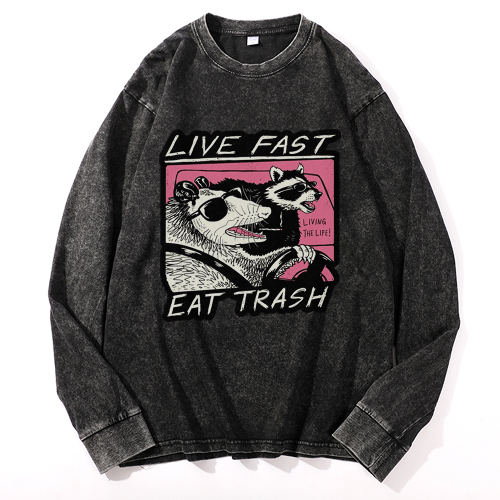 "Live Fast Eat Trash" Opossum & Raccoon Retro Washed Long Sleeve T-Shirt