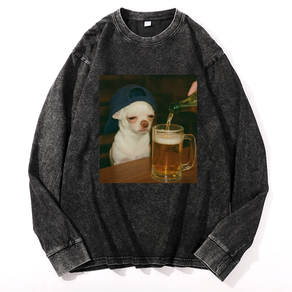 Chihuahua Beer Pour Meme Retro Washed Long Sleeve T-Shirt