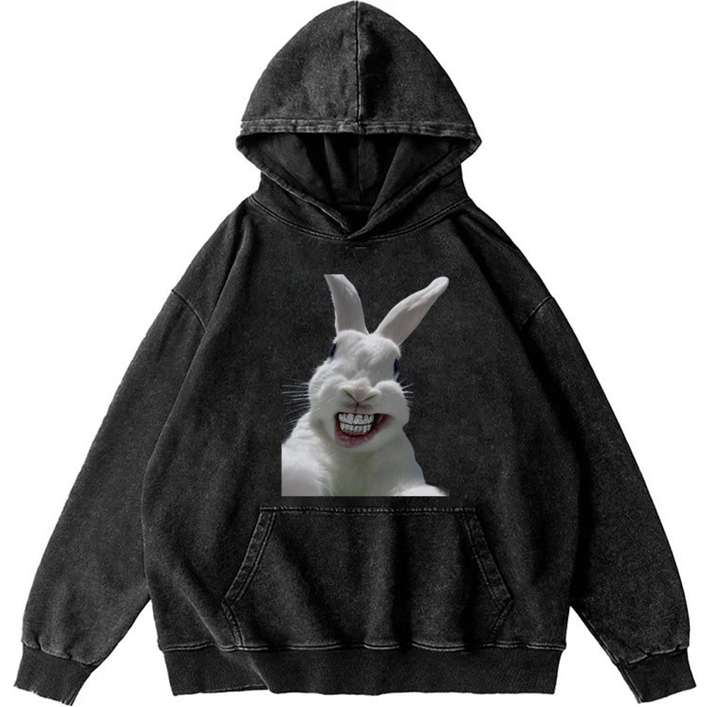 Diamond Teeth Rabbit Retro Washed Hoodie