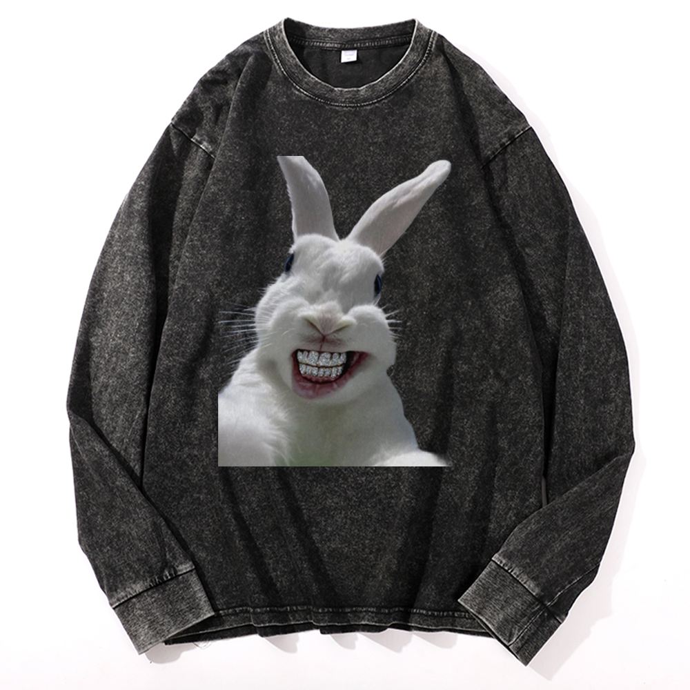 Diamond Teeth Rabbit Retro Washed Long Sleeve T-Shirt