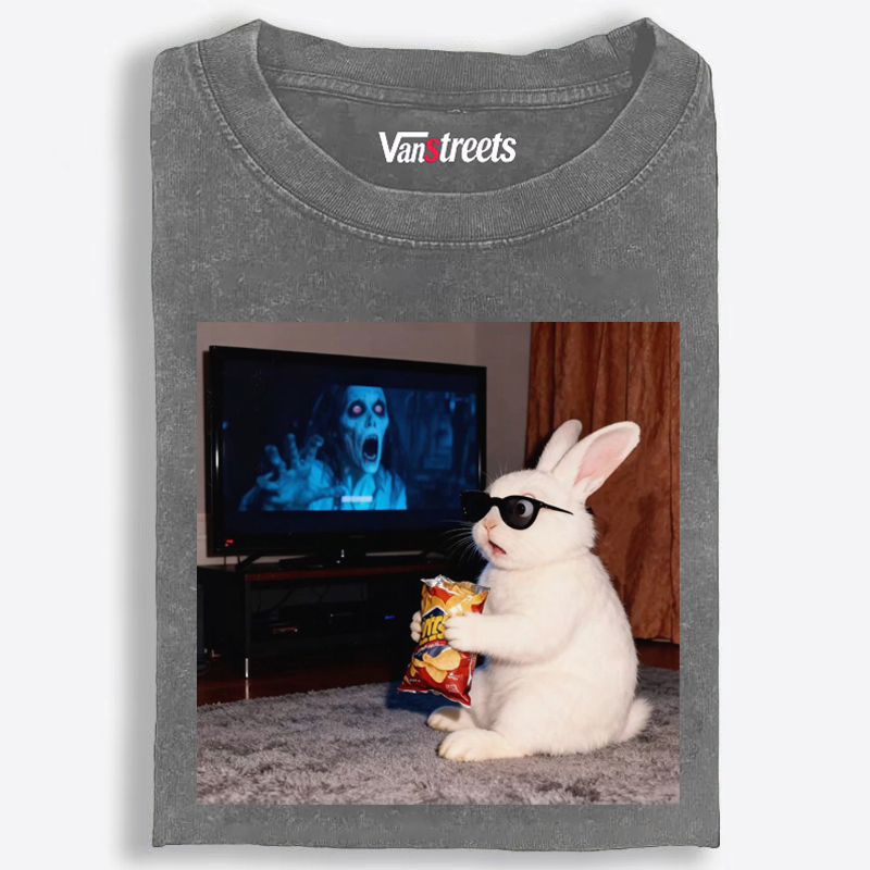 Horror Movie Watching Bunny Retro Washed T-Shirt | 100% Cotton | Streetwear Essential