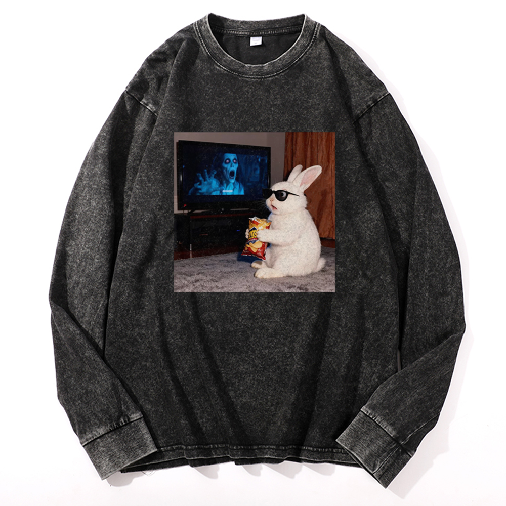 Horror Movie Watching Bunny Retro Washed Long Sleeve T-Shirt