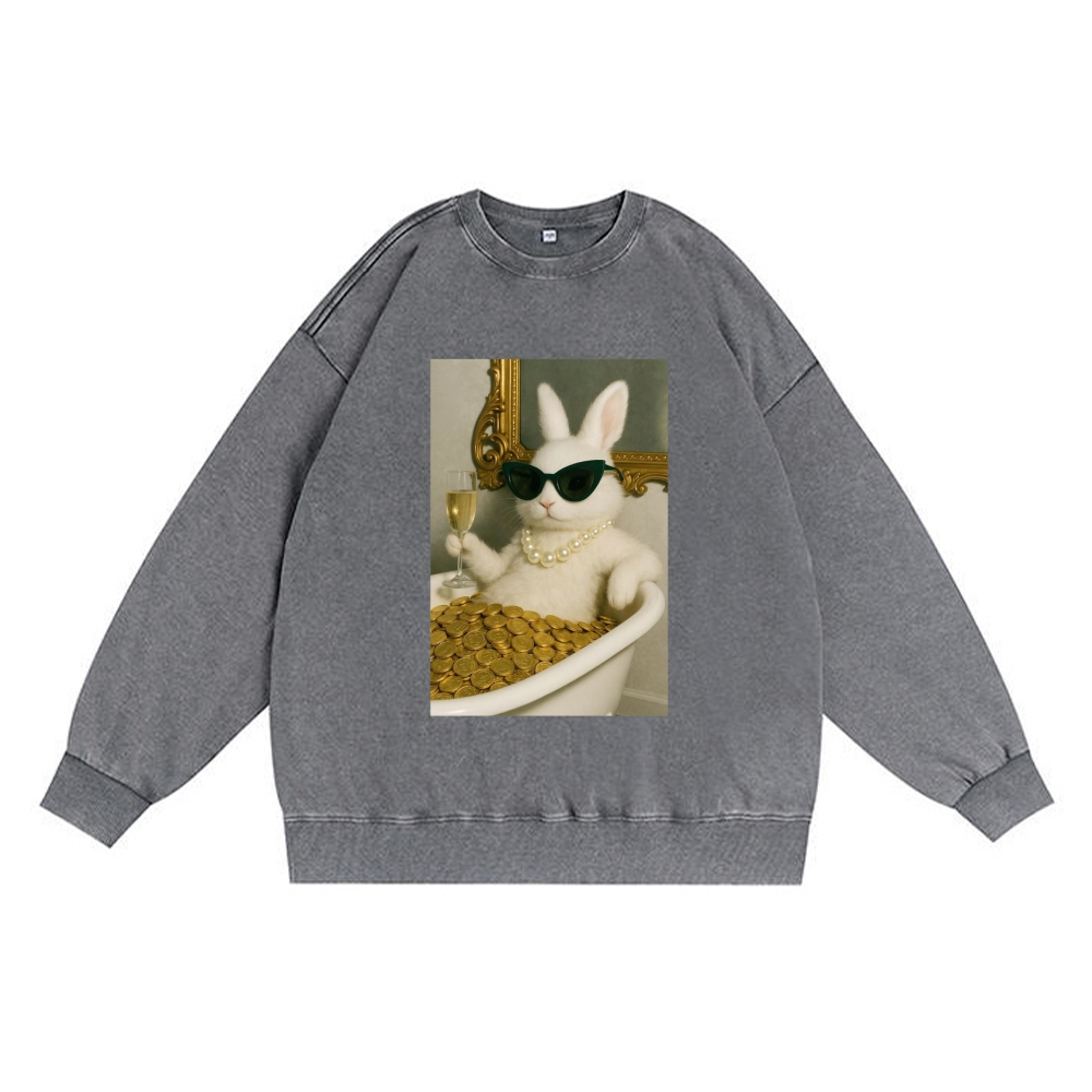Bathtub Gold Coins Bunny Retro Premium Washed Cotton Crewneck Sweatshirt