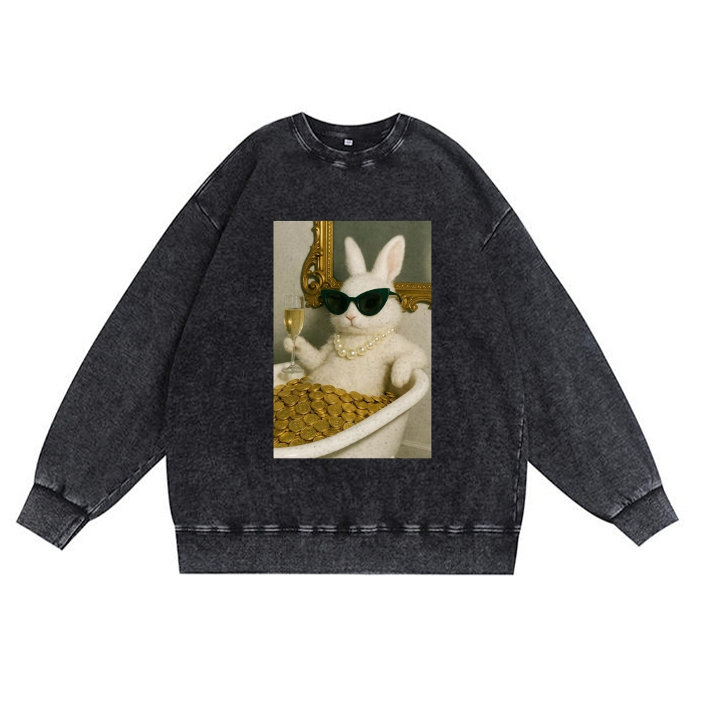 Bathtub Gold Coins Bunny Retro Premium Washed Cotton Crewneck Sweatshirt