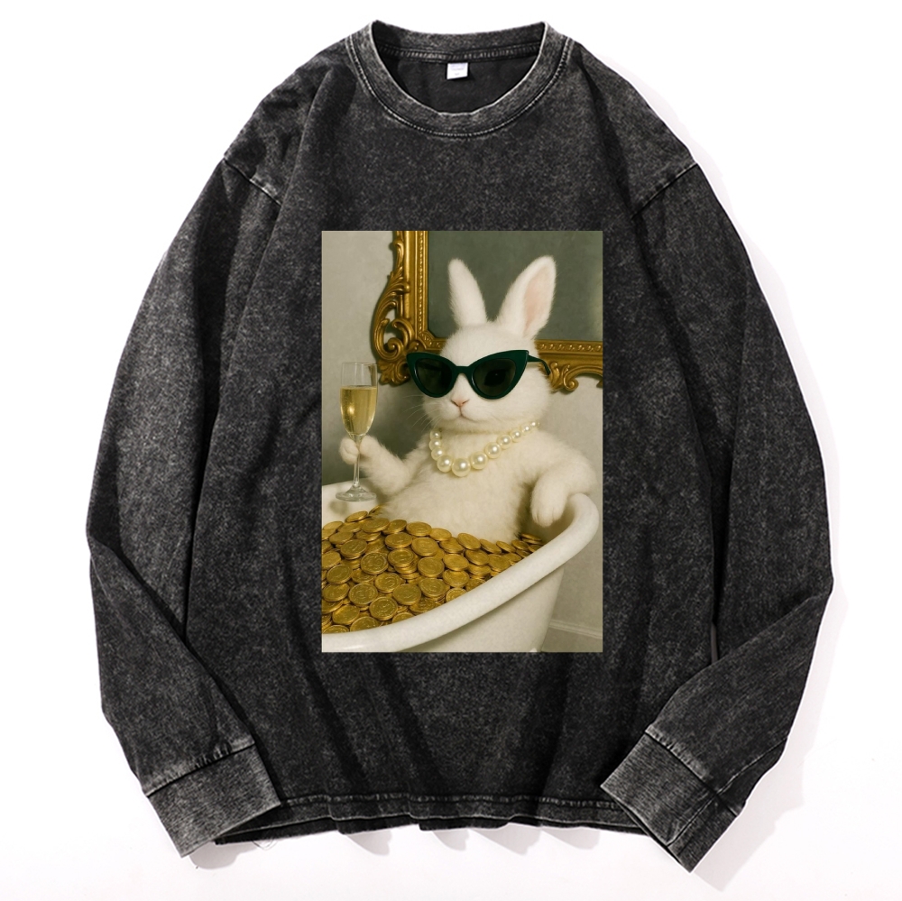 Bathtub Gold Coins Bunny Retro Washed Long Sleeve T-Shirt