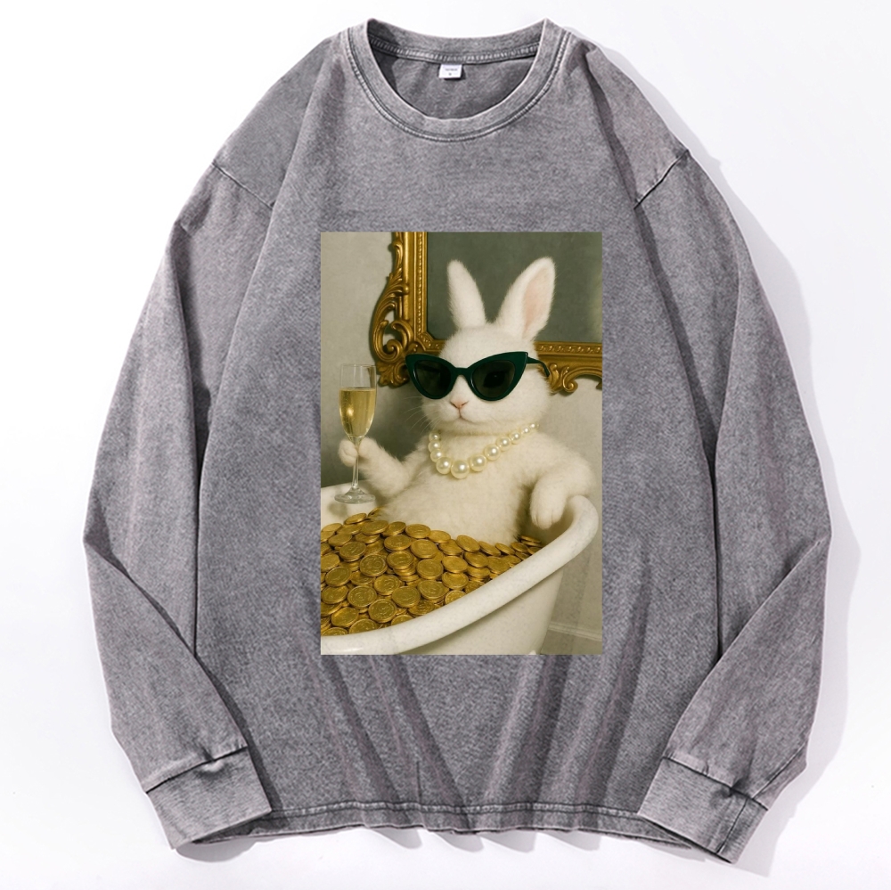 Bathtub Gold Coins Bunny Retro Washed Long Sleeve T-Shirt