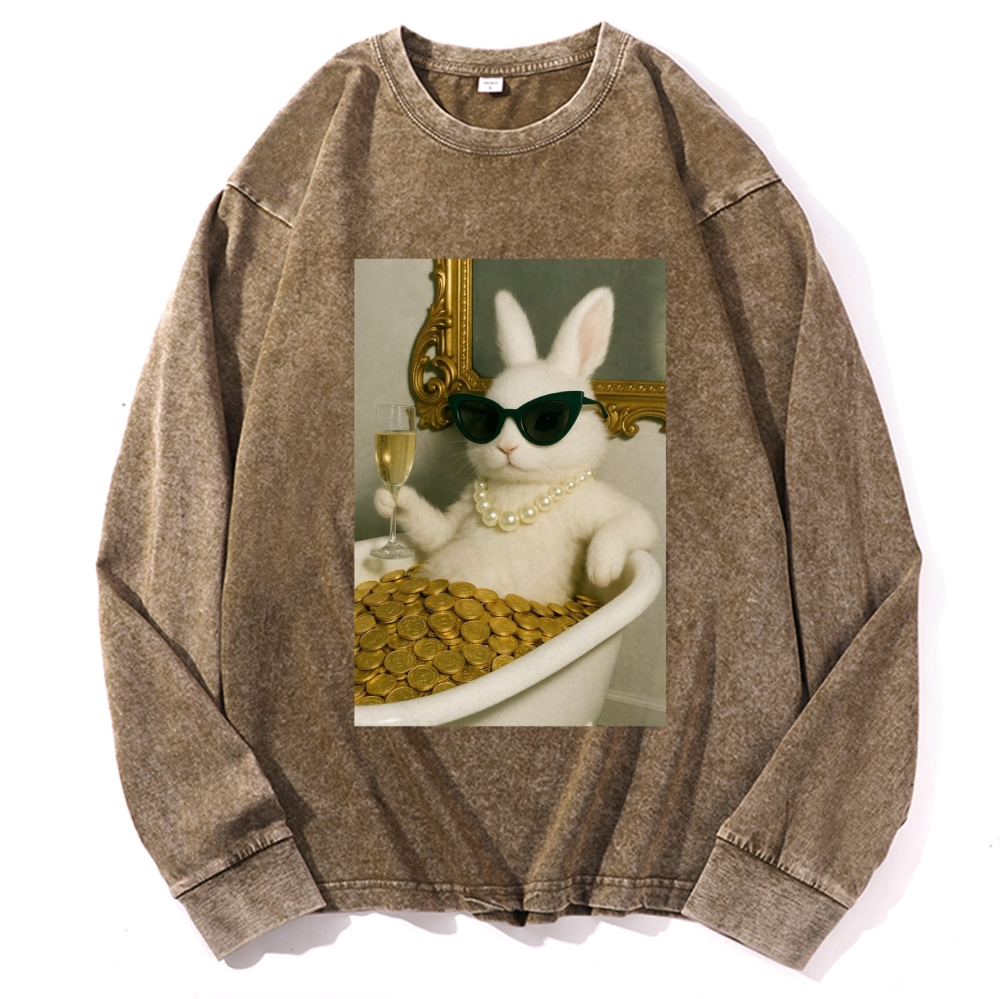 Bathtub Gold Coins Bunny Retro Washed Long Sleeve T-Shirt