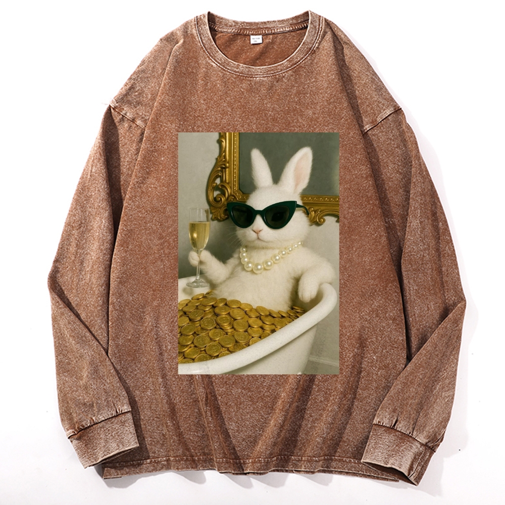 Bathtub Gold Coins Bunny Retro Washed Long Sleeve T-Shirt