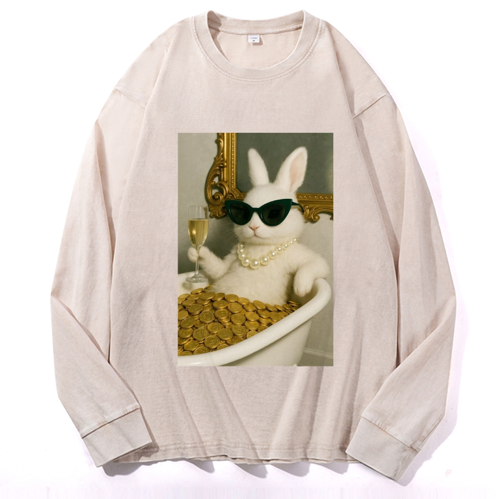Bathtub Gold Coins Bunny Retro Washed Long Sleeve T-Shirt
