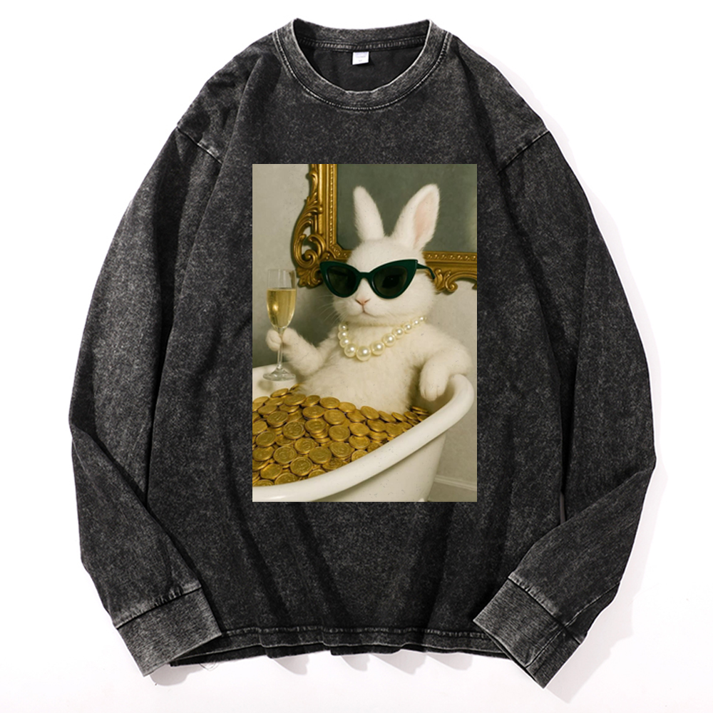 Bathtub Gold Coins Bunny Retro Washed Long Sleeve T-Shirt