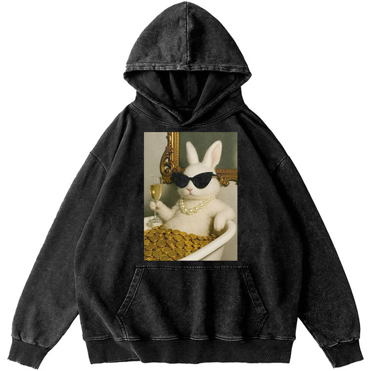 Rich Girl Rabbit Coin Bath Retro Washed Hoodide | 100% Cotton | Streetwear Essential