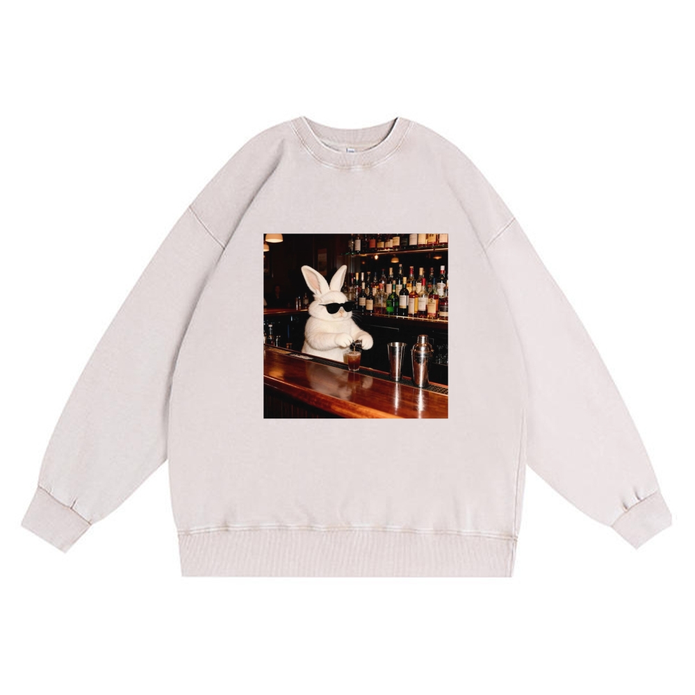 Bartender Bunny Retro Premium Washed Cotton Crewneck Sweatshirt