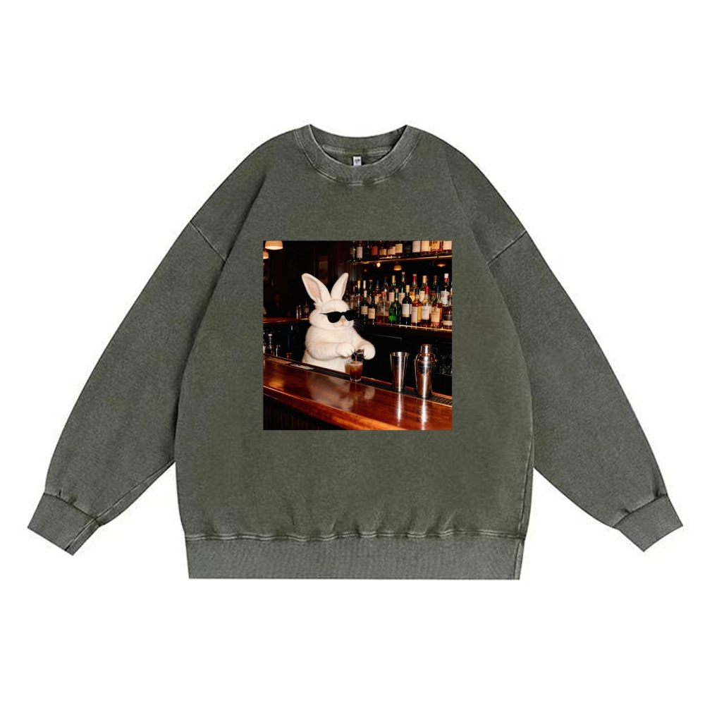 Bartender Bunny Retro Premium Washed Cotton Crewneck Sweatshirt